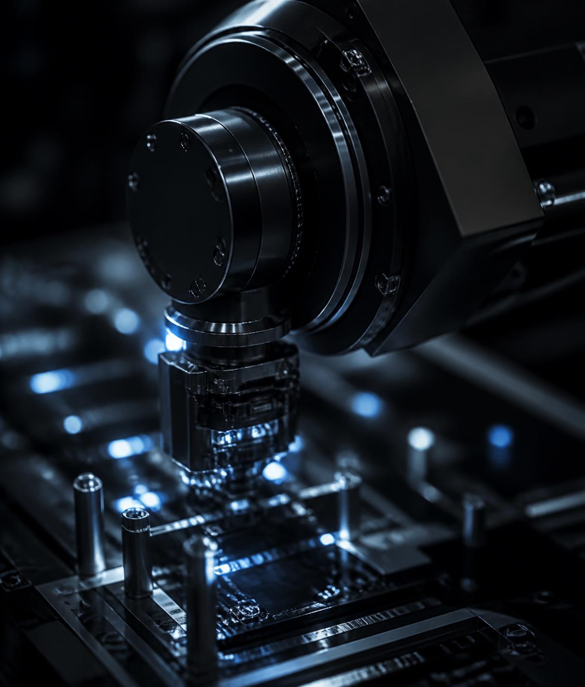 Precision robotic arm operating on illuminated electronics assembly